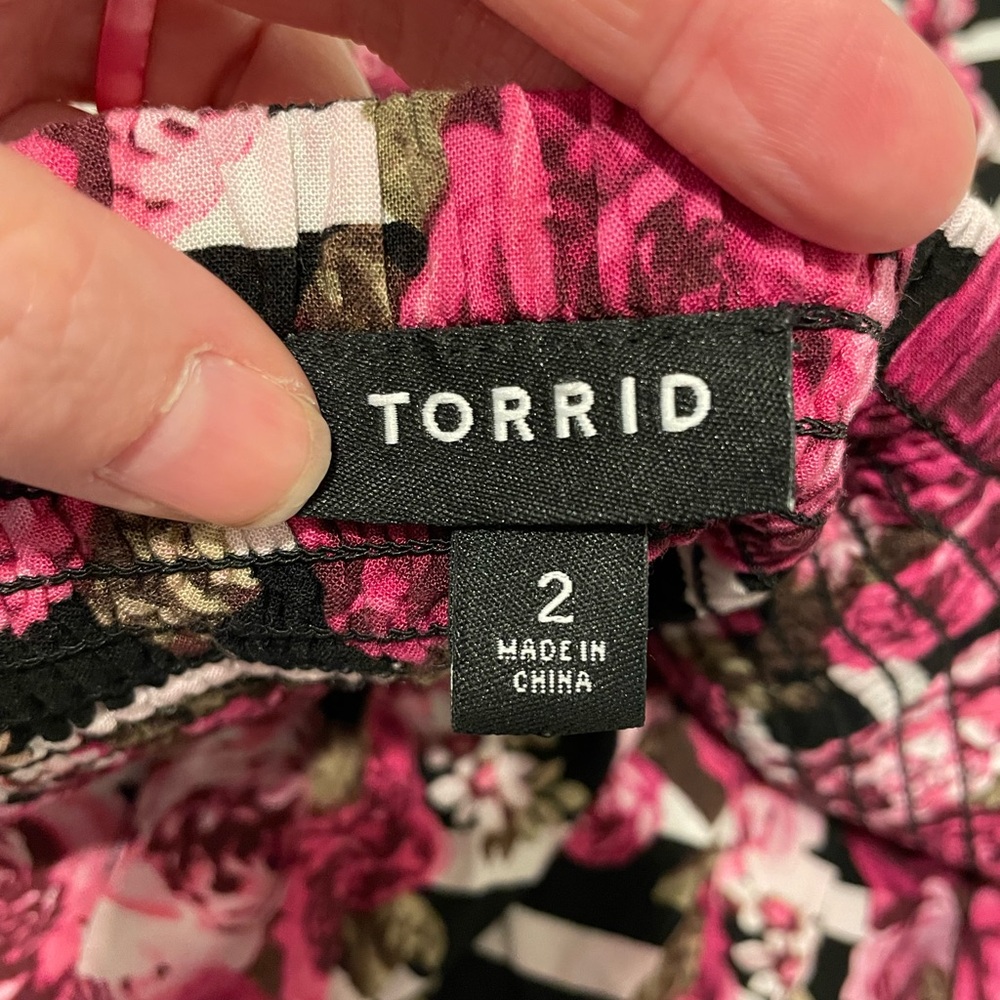 Torrid Brand Women's Size 2 Striped Floral Challis Dress Bright Pink & Black - Picture 4 of 6